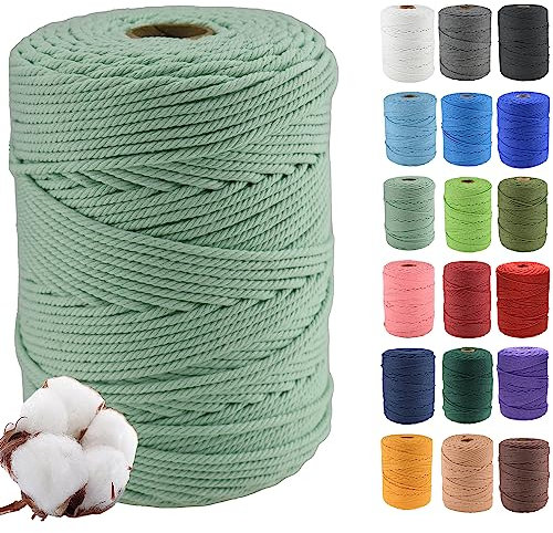 Klhamky 3mm×500m Macrame Cotton Cord, Soft 4 Strand Twisted 100% Natural Cotton for Handmade Wall Hanging, DIY, Craft Making, Knitting, Plant Hangers, Decorative Projects(3mm×500m,Flower Green)