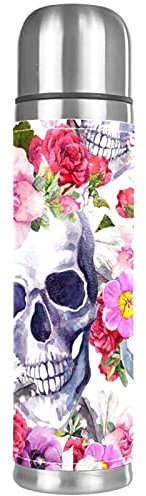 Bouteille d'eau isotherme sous vide en acier inoxydable avec motif de tête de mort et de rose - 500 ml