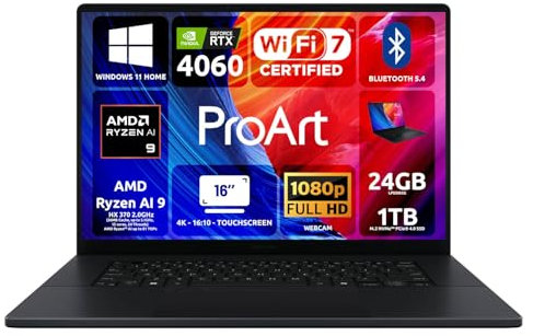 ASUS Notebook ProArt P16 OLED H7606W,Monitor 16 OLED Touch 4K 16:10, AMD Ryzen AI 9 HX 370 Processor 2.0GHz, 24 GB RAM, 1TB M.2 NVMe PCIe 4.0 SSD, NVIDIA GeForce RTX 4060, Win 11,Wi-Fi 7,BT 5.4