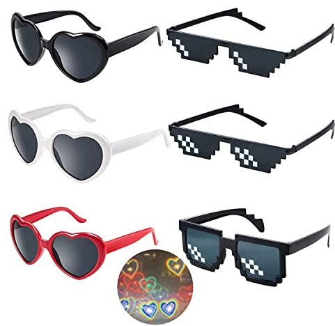 3 Paare Pixel Sonnenbrillen Schläger + 3 Stück Herz Effekt Brille, Party Sonnenbrille Mosaik Brille, 3D Brille Beugungsbrille mit Herz Effekt, Geeignet für Männliche und Weibliche Fotorequisiten