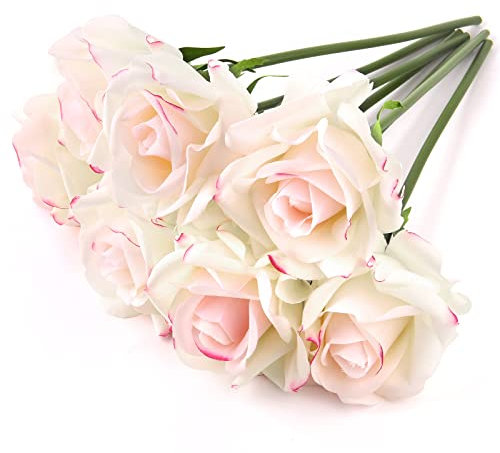 Eyamumo Künstliche Rosen, Seide, fühlt sich echt an, Weiß / Rosa, 30 cm, 7 Stück