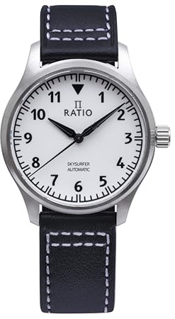 RATIO Pilot Style Watch Leather Strap Analog Display Full Luminous Japanese Automatic 200M Water Resistant Casual Formal Wear Watch for Men (White)