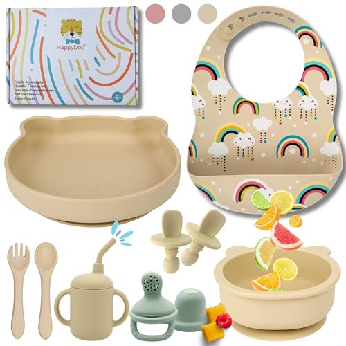HappyDoo | Vajilla Bebé de Silicona | Set 12 Piezas | Crea Momentos Especiales en Cada Comida | Antideslizante, Seguro y Suave | Libre de BPA, Ideal para Bebés desde 6 Meses | En Caja para Regalar