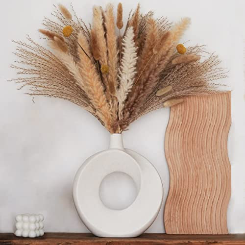 Vase Groß 26cm Hoch,Donut Vase für Pampasgras,Keramik Vase Weiß Matt,Moderne Deko Vase,Runde Vase mit Loch für Home Office Dekor,Trockenblumen Blumenvase,Dekozweige,Badezimmer Dekoration,Geschenk,L