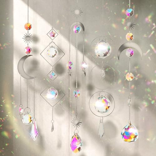 nuyikaso 5 stück Sonnenfänger Kristall Hanging Windspiel Regenbogen Sonnen Mond Anhänger Kristalle Ornament Kristallkugeln für Fenster Haus Garten Weihnachten Tag Party Hochzeit Dekoration Silber