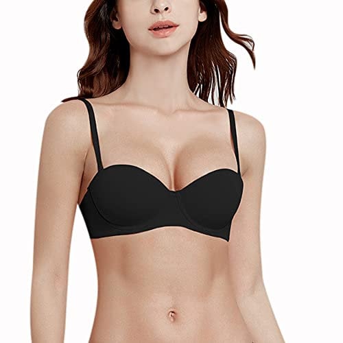 Guoeappa Women's Strapless Half Cup Push Up Bra Underwire Padded T-Shirt Bra Wedding Bra(Black,32C)