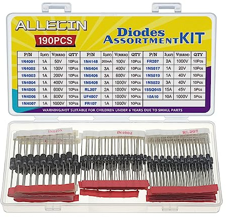 ALLECIN 20 Werte Dioden Set 1N4001 1N4002 1N4003 1N4004 1N4005 1N4006 1N4007 1N4148 1N5404 1N5406 1N5408 RL207 UF4007 FR107 FR207 1N5817 1N5819 1N5822 15SQ045 10A10 Gleichrichter Schottky Diode Kit