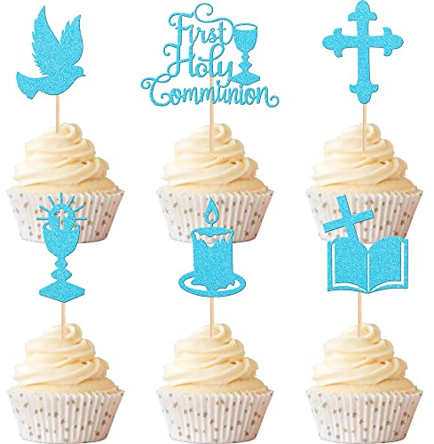 Xsstarmi 36 PCS First Holy Communion Cupcake Toppers Blue Glitter God Bless Dove Cross Cupcake Picks First Communion Cake Decorations for God Christian Baptism Theme Baby Shower Birthday Party