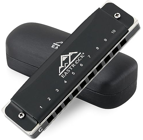 EastRock Blues Mundharmonika Mundorgel 10 Loch C-Tonart mit Etui, Diatonische Mundharmonika für Profis, Anfänger, Erwachsene, Geschenke (mattschwarze Ausführung)