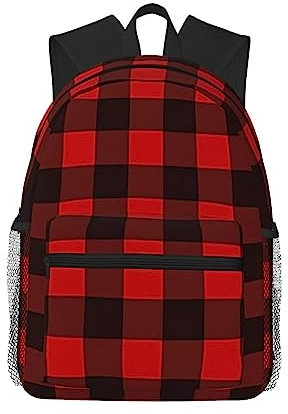 PartyUnix Karierter roter und schwarzer lässiger Rucksack =>> Leicht und bequem, große Kapazität, geeignet für Schule, Arbeit, Reisen, Schwarz , One size