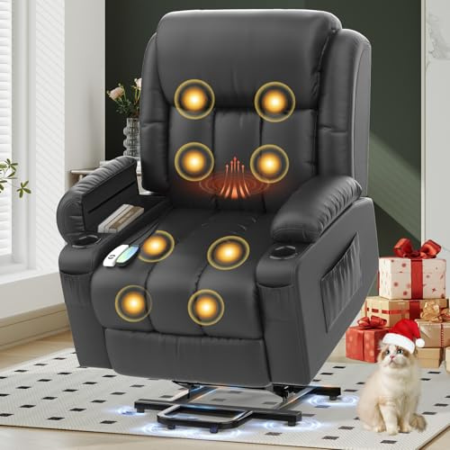 YONISEE Lift Chair Recliners for Elderly, Recliner Chair with Massage & Heat, Extended Footrest, Riser Reclining Chair with Type C+USB, 2 Cup Holders & 4 Side Pockets, 2 Hidden Armrest Storage