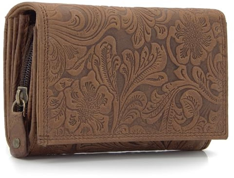ekavale Damen Leder-Geldbörse mit Blumenmotiv und RFID-Blockierung, Portemonnaie Langformat mit Druckknopfverschluss (Dunkel-Braun)
