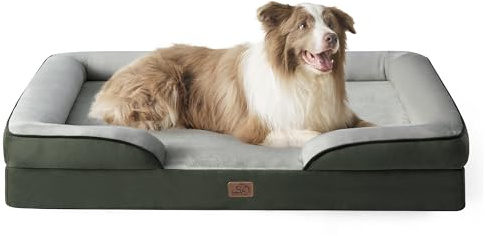 Bedsure Large Dog Bed Sofa - Washable Orthopedic Dog Couch, 97x71x16cm | Waterproof Inner Liner, Removable Flannel Cover, Dog Pillow with U-Shape Bolster, Dark Green Squre Pet Bed