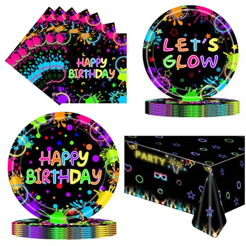 CENLBJ Neon Paper Plates and Napkins Party Supplies,Let Glow Birthday Party Tableware,Include Neon Plates and Napkins,Tablecloths for Neon Party Decorations,Serves 25