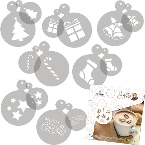 NAKLEO Stencil per Caffè e Biscotti Decorazione, 14 Pezzi 7x7 e 11x11cm, Stampini Plastica e Riutilizzabili, Natale Inverno Vacanze, DIY Modello Latte Art Accessori, Cappuccino Torte Dolci Pasticceria