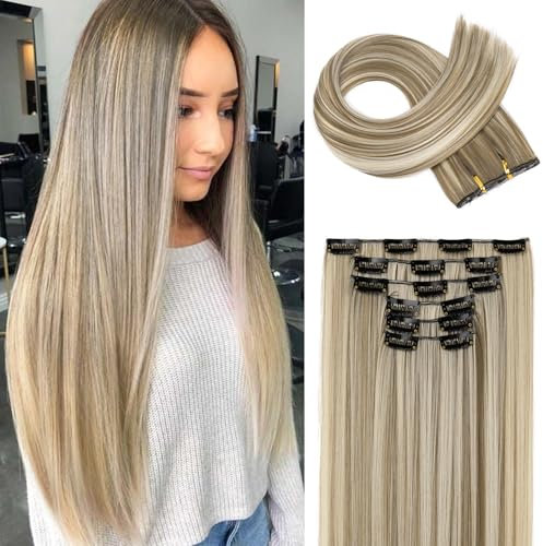 FLUFYMOOZ 6PC Clip in Hair Extensions, 6-teiliges Clip-in-Haarverlängerungsset, 61 cm, glatt, lang, Extensions für Frauen, synthetisches Haarteil (Aschbraun mit blonden Highlights)