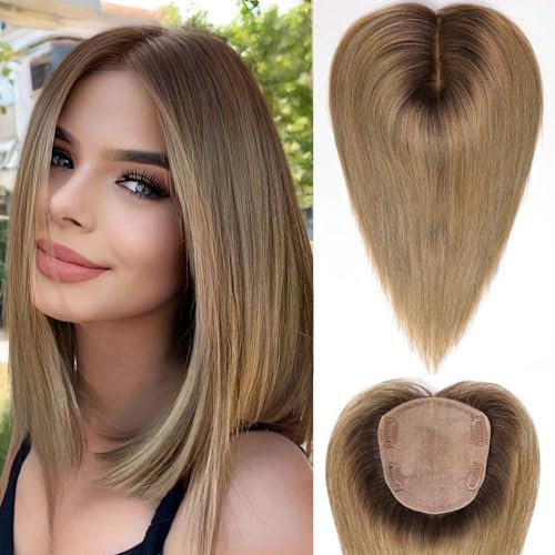 HAIRCUBE Haar-Topper 5*5.5 Basis Haar-Topper für Frauen,14 Zoll Ombre Aschblond,100% echtes menschliches Haar-Topper ohne Pony für Frauen mit dünner werdendem Haar oder grauen Haaransätzen