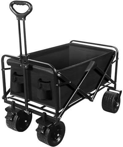 Festival Trolley on Wheels, Folding Camping Wagon with Adjustable Handle & Cover Bag, Collapsible Beach Cart Foldable for Outdoor Garden Picnic Shopping 100KG Capacity, Black