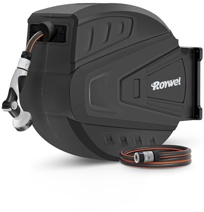 Roywel Auto Reel Garden Hose 30M,Hose Reel Wall Mounted,Auto Rewind, Self-Locking System,180° Pivotal with Multifunction Spray Nozzle