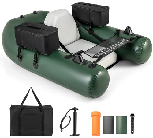 GOPLUS Aufblasbares Belly Boot, Angelboot mit Aluminium-Paddel, Flossen, Luftpumpe, Verstellbarer Angelrutenhalter, Staufächer, Schlauchboot tragbar für 1 Person, 111 x 104 x 46 cm