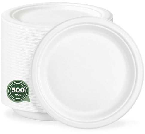 Horeca Collection MAXI PRODUCTS - 500 Unidades - Platos Caña de Azúcar -Plato Llano Redondo -Plato Compostable - Plato Reciclabe - 17 cm - RESISTENCIA TÉRMICA