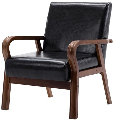 Sessel Mid-Century Modern grüner Akzentstuhl mit Armlehnen - Loungesessel mit Holzgestell und weichem Kissen, PU-Leder gepolstert für Wohn- und Schlafzimmer