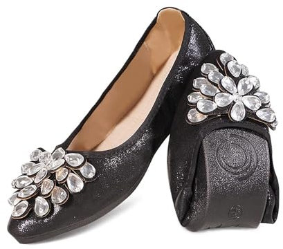 YOUNIFIZ Women's Elastic Foldable Portable Pumps Sparkly Rhinestones Ballet Ballerina Slip On Flats Dolly Shoes (Black-1,Size 4)