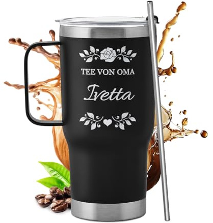 Maverton Personalisierter Thermobecher mit Strohhalm 600 ml | Edelstahl Kaffeebecher to go mit Deckel und Henkel, Geschenk für Frauen, personalisiertes Geschenk für Oma, Schwarz