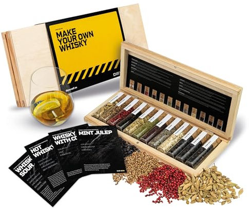 DIBYS Lot de 12 mini bouteilles d'épices à whisky pour cocktails DIY avec 4 cartes de recettes, lexique d'épices et boîte en bois, coffret cadeau pour hommes et femmes, accessoires pour faire soi-même