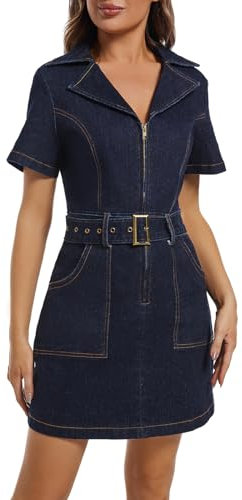 HUEOBIR Damen Jeanskleid, Cowgirl, Reißverschluss vorne, Gürtel, sexy, Mini-Jeanskleid mit Taschen, Dunkelblau, XX-Large