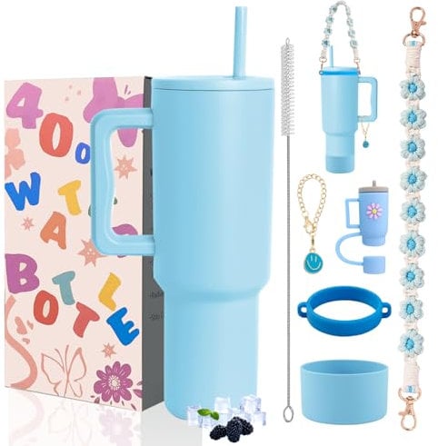 Sanilinwild 40 oz Tumbler with Handle and Straw & 6PCS Cup Accessories-BPA-Free Travel Mug Water Bottle-Easy to Carry-Travel Coffee Mug - Dishwasher Safe-Holiday Gifts for Women Men (Sky Blue)
