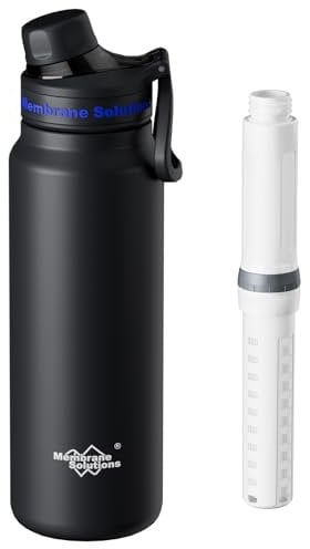 Membrane Solutions Gourde filtrante eau survie, 900 ml(32oz) Bouteille avec cartouche filtrante ACF et UF, capacité de 4000 L, Précision de 0,1 μm, élimine 99,9999% des E.Coli, Camping, Voyage, Noir