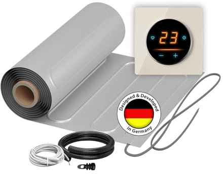 Elektrische Fußbodenheizung: Zweiader-Heizmatte mit Aluminiumfolie WARMON ALU 150 W/m² mit WiFi-Thermostat OKE-25 Touch und Glass-Abdeckrahmen, Thermostat:OKE25 Garda Beige, Mattengröße:15 m²