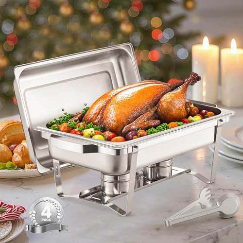 VEVOR Chauffe-Plat 4PCs 7,5 L, Buffet Chauffant Rectangulaire, Réchaud en Acier Inoxydable, avec 4 Bacs Pleine Taille et Couvercle, pour Buffet Libre-Service Hôtel Traiteur Restauration, Argent