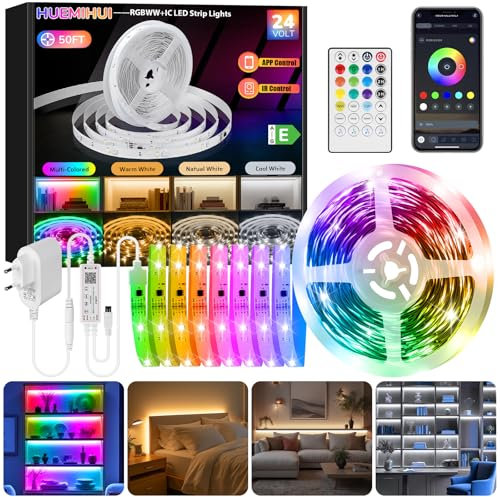 15M RGBWW+IC LED Streifen,Dimmbarer Dreamcolor+3000K-6500K Warmweiß Naturweiß Kaltweiß LED Strip mit Fernbedienung & APP,Selbstklebende Schneidbare Flexibel 24V LED Lichtband für Zuhause Küche Treppe