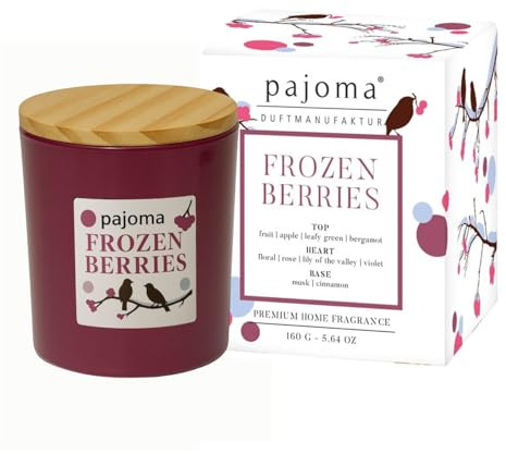 6x Duftkerze im Glas Frozen Berries,140 g mit Bambusdeckel 27 Std. Brenndauer, intensiver Duft Kerze in Geschenkverpackung | Fruchtiger Mix aus Beeren, Apfel & Zimt - Luxus-Deko für Zuhause