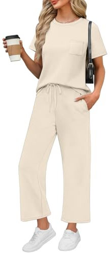 Topassion Zweiteiler Damen Ärmellose/Kurzarm Hosen Mit Weites Bein Hosenanzug 2 Teilig Leicht Tshirt Und Hose Elegant Sommeranzug Casual Sommer Outfits Bequem Jogginganzug Business Anzug(Beige,M)