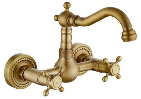 FQYEP Rubinetto Lavello Cucina Ottone Antico Girevole Rubinetto A Muro Cucina Doppia Manici in Ottone,Modello A.