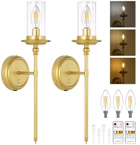 ABOHU Juego de 2 Apliques de Pared Que Funcionan con Pilas, USB Recargable Apliques Sin Cable Batteria Regulable con Control Remoto y Bombillas Carga Desmontables, para Salón, Dormitorio (Oro)