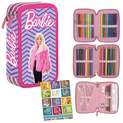 PASO - Federmäppchen 3 Fächer - Mäppchen für Mädchen - Federmappe 3-Fach Federtasche Gefüllte Schüleretui Schulmäppchen und Hausaufgabenheft - Barbie