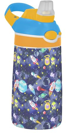 Sevdomey Space Rockets Kids Water Bottle with Straw for Girls Boys, Stainless Steel Insulated Leakproof Water 480ml for School Nursery Travel Sports