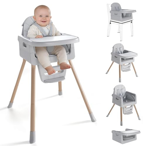 EverKiddo Baby High Chair for 6 Months+, Foldable High Chairs for Babies and Toddlers, Convertible Toddler Chair, Adjustable Tray & Footrest, Lightweight, Stable & Easy to Clean(Grey with Wood Grain)