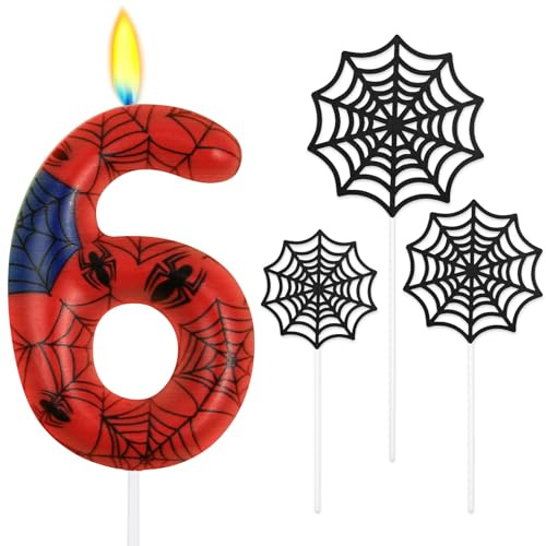 Alaoo Spinnennetzkerzen Zahlen 6, Geburtstagskerzen Zahlen 6 | Blau Rot Kerzen mit Spinnennetz, Spinne Thema Geburtstagskerzen fürJungen Spinnen Motto Halloween Party Karneval