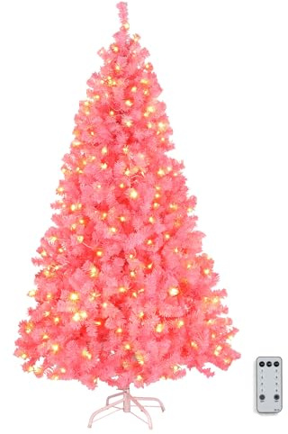 Outopee 6ft Pre-lit Pink Artificial Christmas Pine Tree with Remote Control | 250 Warm White Lights, 8 Lighting Modes, 900 Branch Tips PVC, Xmas Tree Indoor Holiday Decor for Home, Office, Shop