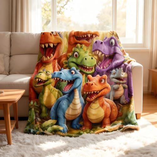 Dino Decke, Dinosaurier Kuscheldecke Flanell, Weiche Decke mit HD Digitaldruck Niedliche Dinos, Warme Wohndecke für Couch Sofa Bett, Home Dekoration Geschenk