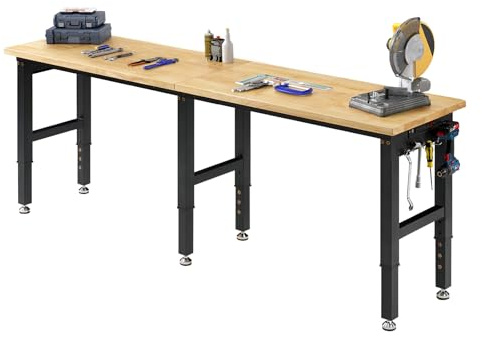 LUXOAK 183x61 cm höhenverstellbarer Werkbank mit Steckdosen, 2722 kg belastbare Holzwerkbank mit Haken, massiver Gummiholz-Arbeitsplatte für Garage, Werkstatt, Holzbearbeitung und Home-Office
