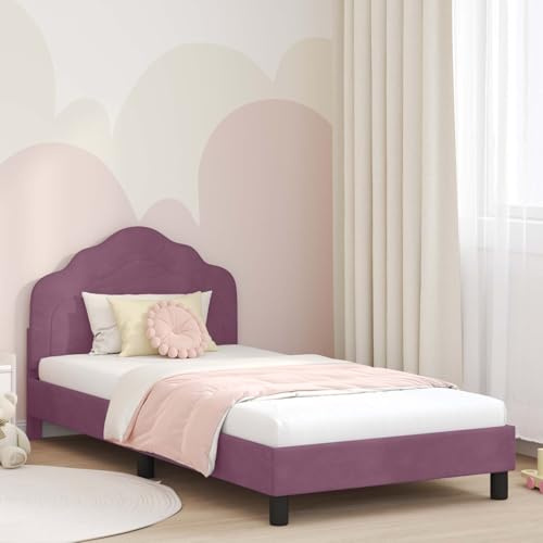 Kaloriko Kinderbettgestell Lila 80x200 cm, Samt-Bezug, Holzwerkstoff-Rahmen, mit Kopfteil & Lattenrost, Stauraumtaschen, modernes Plattformbett für Schlafzimmer