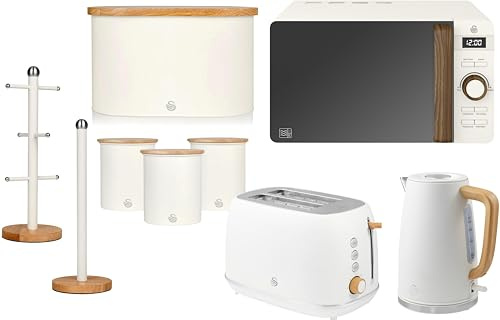 Swan Fjord White Jug Kettle, 2 Slice Toaster plus Nordic 800W 20L Microwave, Bread bin, Canisters, Mug Tree & Towel Pole. Scandinavian Inspired Design Kitchen Set from the Swan Nordic Collection