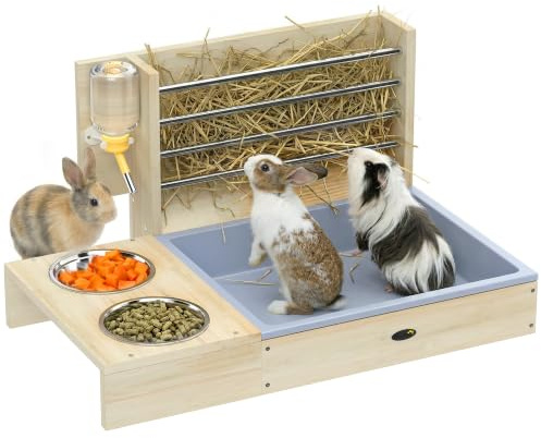 PawHut Râtelier à Foin en Bois pour Lapin - Mangeoire Lapin 3 en 1 avec Bac à Litière et Bouteille d'eau - Station de Nourrissage avec Bols en INOX pour Lapin Nain et Cochon d'Inde, Bois Naturel