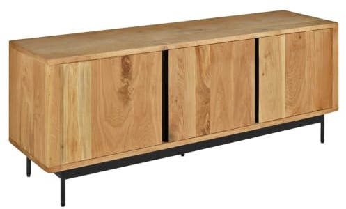 Meuble TV L. 150 cm en Bois de Chêne Massif avec 3 Portes Système Soft Close et Pieds en Métal Noir - Fabrication Artisanale - Style Naturel - Toronto